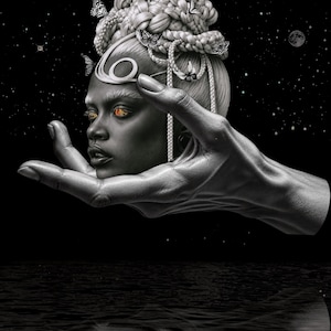 May include: A black and white digital illustration featuring a large hand cradling a head with braided hair adorned with butterflies. The eyes are glowing orange against a dark starry sky background with a reflection visible at the bottom.