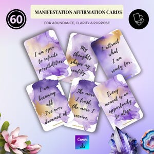 Cartões de Manifestação Cartões de Afirmação Imprimíveis para Mulheres Modelo Editável Canva Quadro de Visão Autocuidado Presente Espiritual para Ela