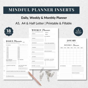 Planejador Mindful para impressão diário, semanal, mensal, encarte A4 A5 Halfletter, kit PDF recarregável, cartões de afirmação, adesivos, compatível com Goodnotes