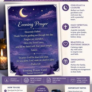 May include: A printable evening prayer card featuring a dark blue night sky with a crescent moon and stars. The text includes the title Evening Prayer, a prayer to the Heavenly Father, and Psalm 4:8. The design includes instructional text for use.