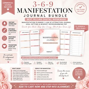 Könnte beinhalten: Ein digitales 3-6-9 Manifestations-Journal-Paket mit einem Arbeitsbuch mit rosa Blumenakzenten. Das Layout enthält Seiten für Wunsch-Arbeitsblätter, Gedankenmuster und Meditations-Tracker mit Text, der den Inhalt des 12+ Seiten PDFs beschreibt.