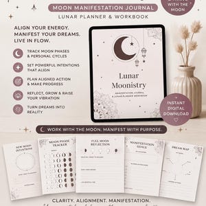 Könnte beinhalten: Ein digitales Lunar Moonistry Manifestations-Journal und Mondplaner-Arbeitsbuch auf einem Tablet-Bildschirm, begleitet von fünf gedruckten Seiten mit Mondphasen-Trackern, Intentionen und Vorlagen für Traum-Mapping in neutralen Farben.