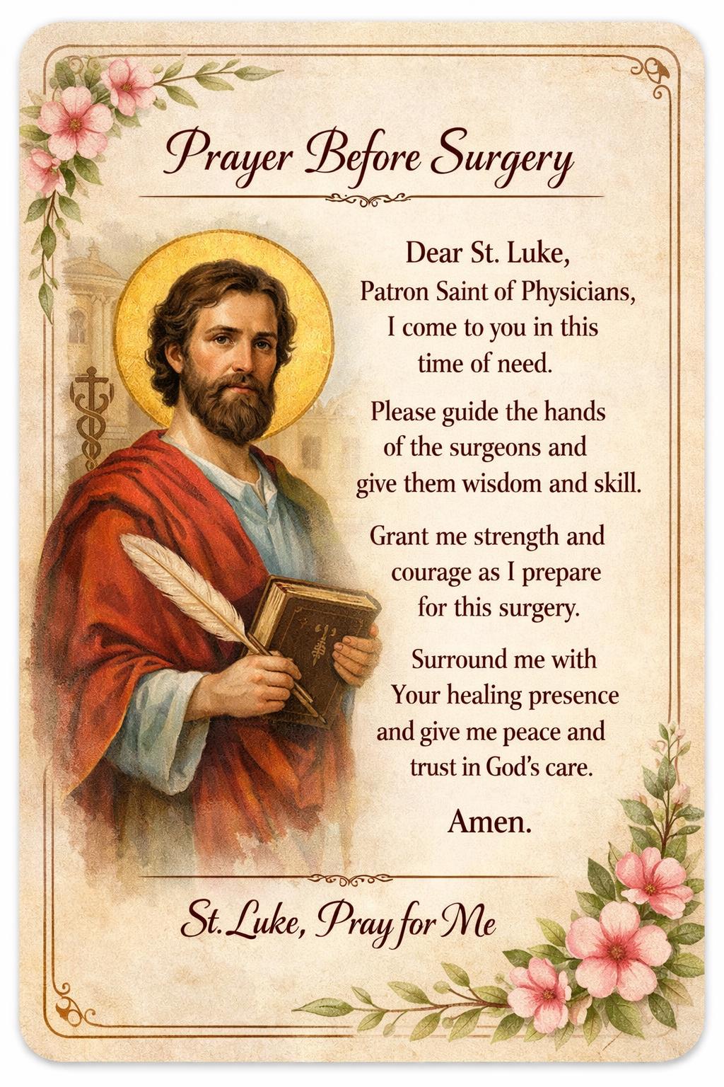Prayer Before Surgery Printable, St. Luke Healing Prayer Card, Catholic ...