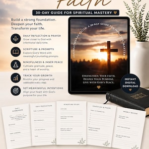 Könnte beinhalten: Ein 30-Tage-Digitalratgeber mit dem Titel Foundations of Faith, der eine Kreuzsilhouette bei Sonnenuntergang auf einem Tablet zeigt. Enthält fünf druckbare Tagebuchseiten mit Abschnitten für tägliche Reflexion, Schriftstudium und Dankbarkeit.