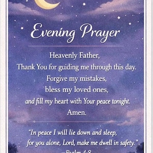 May include: A vertical card with a night sky background, a crescent moon, and stars. The text "Evening Prayer" is at the top, followed by a prayer. The bottom banner reads "Evening Prayer Card Instant Download."