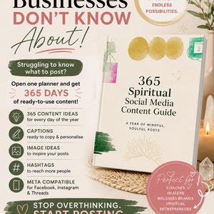 Könnte beinhalten: Ein digitaler Marketing-Leitfaden mit dem Titel 365 Spiritual Social Media Content Guide, mit einem cremefarbenen Einband, goldenen kreisförmigen Akzenten und grünen Aquarelldetails. Der Text beschreibt ein Jahr voller Inhalte, Bildunterschriften und Hashtags.