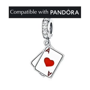 Charm pour cartes, breloques en argent sterling fabriquées à la main pour bracelet pandora avec CZ, breloque poker pour bracelets à breloques, breloque magicien, cartes à jouer