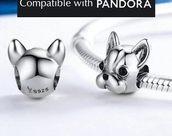 フレンチブルドッグチャーム、スターリングシルバー：パンドラ対応の犬