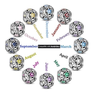 Months Charm in Sterling Silver: Pandora Compatible Birthstone Pendant Jewelry for Bracelets and Necklaces