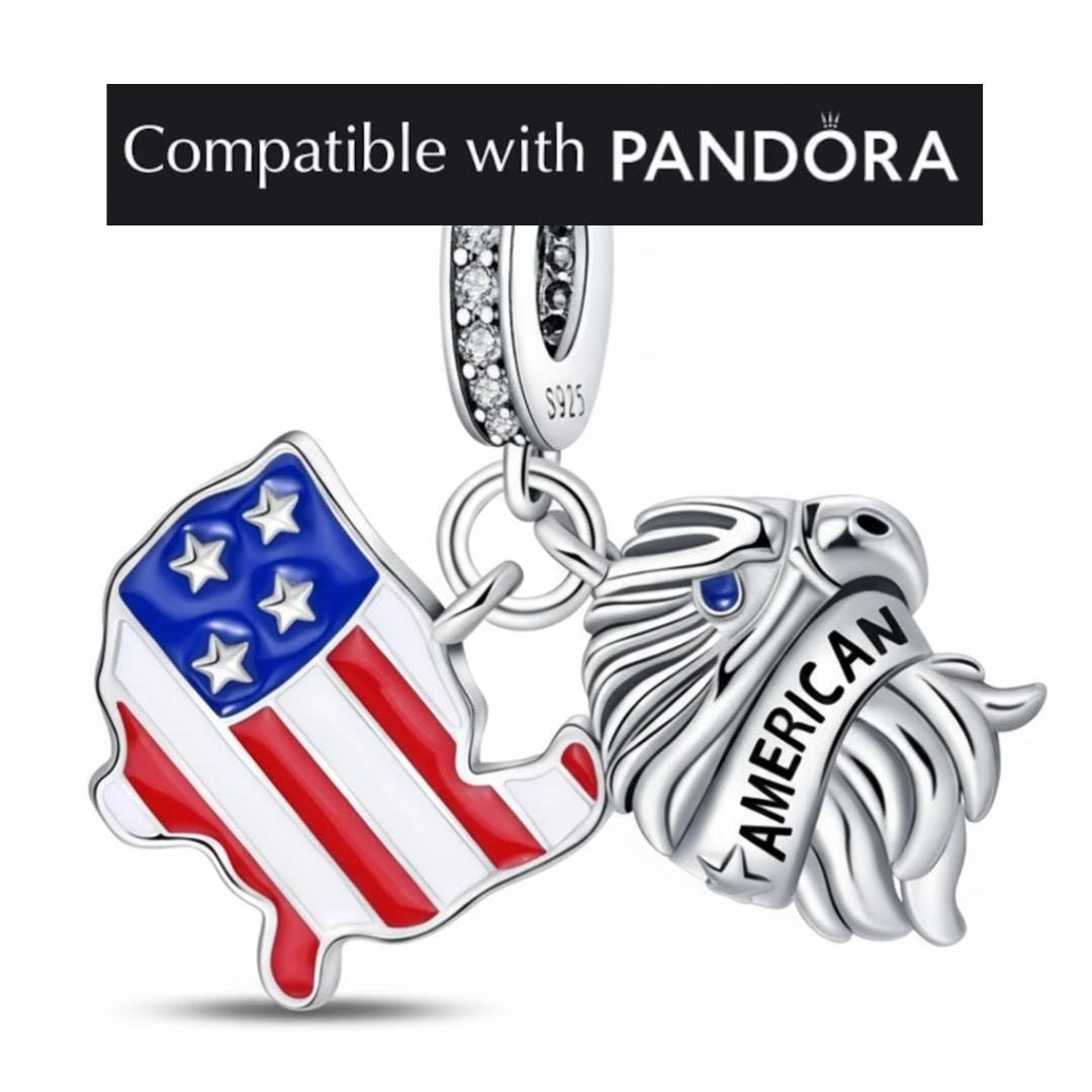 USA Charm, Sterling Silver: Pandora Compatible Flag Pendant