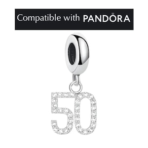 50 Charm in Sterling Silver: Pandora Compatible Birthday Pendant Jewelry for Bracelets and Necklaces