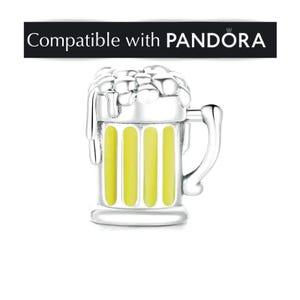 Beer Mug Charm, Sterling Silver: Pandora Compatible Beverage Pendant Jewelry for Bracelets and Necklaces