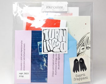 May include: A collection of colorful paper ephemera with text in French and English. The text includes "Tout Casser", "Turn In 20", "Sept. 2023 N°01", "Esprit frappant", and "Chaque cyanotype est unique du processus de tirage, ce qui dure des parties légèrement".