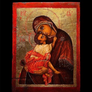 Madonna and Child icon, hand painted on wooden panel with 18 carat gold background, Byzantine - Cretan school, 19th century period.