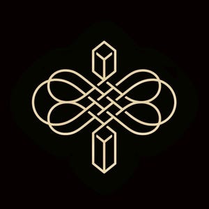 May include: A gold geometric design with a stylized infinity symbol and a cube shape at the top and bottom.