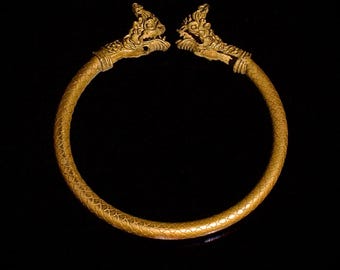 Antique Tibetan Nakarat Bracelet, Double Dragon Head Talisman, One of a Kind Made of Brass, 18th Century AD