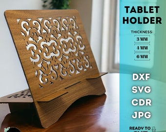 Soporte para iPad, tableta cortada con láser, archivo vectorial digital, organizador de oficina, Glowforge SVG, 3 mm, 4 mm, 6 mm, decoración para el hogar y la oficina, accesorio para tableta