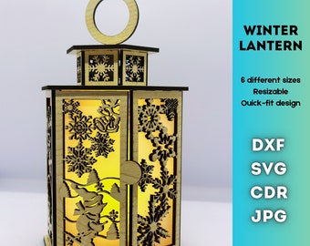 Winter Design Lantern Tea Light Decorative Snow Santa Model Candle Holder Laser Cut Wooden Gift Digital Download Glowforge SVG DXF CDR