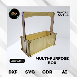 Może przedstawiać: Jasna drewniana wielofunkcyjna skrzynka z uchwytem, ​​zaprojektowana do cięcia laserem. Pudełko jest prostokątne z uchwytem łukowatym u góry. Tekst na obrazie zawiera "Ready to Cut" i "Multi-Purpose Box". Formaty plików: DXF, SVG, CDR, AI.