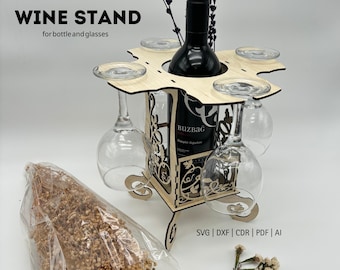 Laser Cut Wine Bottle & Glass Holder: Elegant Display Stand (Digital Download)