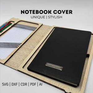 木製折りたたみメモ帳カバー カスタマイズ可能なドキュメントホルダー フレキシブルタブレットノートブックブックレット レーザーカット SVG デジタルファイル 3 mm Glowforge Xtool