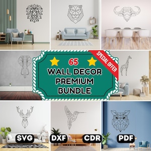 Könnte beinhalten: Ein digitales Download-Paket mit 65 geometrischen Tier-Wanddekor-Designs. Die Designs sind in Schwarzweiß gehalten und zeigen eine Vielzahl von Tieren, darunter einen Löwen, einen Elefanten, eine Giraffe, einen Hirsch und eine Eule. Das Paket enthält die Dateiformate SVG, DXF, CDR und PDF. "Sonderangebot" steht in der oberen rechten Ecke des Bildes.