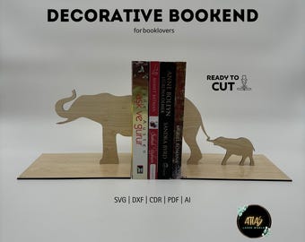 Laser Cut Bookend SVG: Wooden Book Holder Pattern File | Decorative Shelf Organizer | Elephant Design