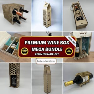 Op de afbeelding: Een verzameling lasergesneden houten wijnaccessoires, waaronder flessenhouders, dozen en een rek. Sommige items zijn ontworpen om meerdere flessen te bevatten. De tekst "PREMIUM WINE BOX MEGA BUNDLE READY FOR LASER-CUT" is zichtbaar.
