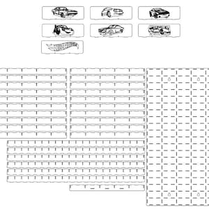May include: A laser-cut display system featuring a large rectangular pegboard with a grid of slots, multiple long horizontal shelves with notched edges, and several small rectangular signs displaying various car illustrations and the Hot Wheels logo.