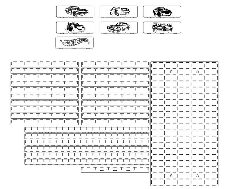 May include: A laser-cut display system featuring a large rectangular pegboard with a grid of slots, multiple long horizontal shelves with notched edges, and several small rectangular signs displaying various car illustrations and the Hot Wheels logo.