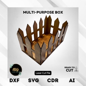 Puede incluir: Un archivo de corte láser para una caja multiusos con forma de valla de piquetes. La caja está hecha de madera y tiene un tinte marrón. El archivo está disponible en los formatos DXF, SVG, CDR y AI.