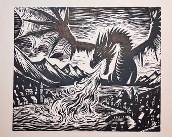 Original Linocut Print, “Dragon!”