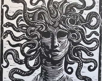 Original Linocut Print, “Medusa”