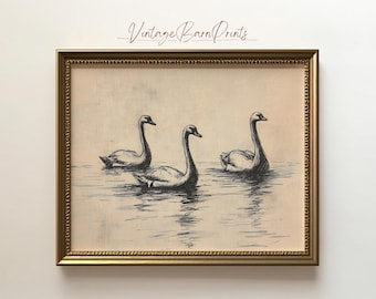 Vintage Swan Illustration Wall Art, Black Ink Sketch Decor, Minimalist Bird Print, Timeless Nature Digital Download, 5F1