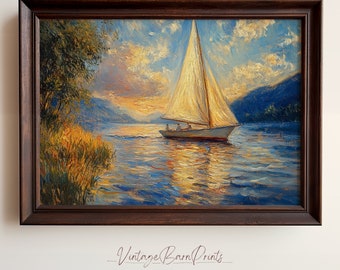 Vintage Sailboat Wall Art, Sailboat Painting Print, Coastal Decor, Nautical Decor, Sunset Sailboat Artwork, Seascape Print, Digital Download
