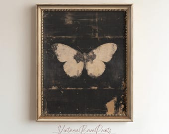 Rustic Butterfly Wall Art, Vintage Aged Botanical Print, Dark Moody Nature Illustration, Neutral Black and Beige Decor Digital Download, 5F4