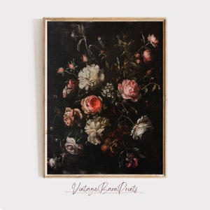 Dark floral Oil Painting, Dark Academia Roses Print, Moody Black Botanical Artwork, Vintage Flower Victorian Art, Digital Download | M16