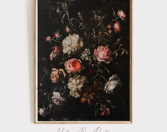 May include: A vintage framed print of a dark floral still life painting. The painting features a bouquet of pink and white roses, with dark green leaves and stems, against a black background.