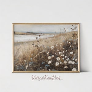 Wildflower Field Landscape Oil Painting, Vintage Farm House, Country Field Printable Wall Art, Cottage Decor Digital Download | M124