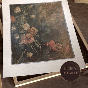 May include: A vintage painting of a floral bouquet with pink, white, and yellow flowers on a dark background. The painting has a distressed, aged look with visible cracks in the paint.