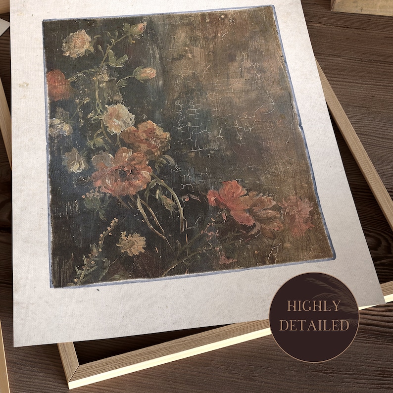 May include: A vintage painting of a floral bouquet with pink, white, and yellow flowers on a dark background. The painting has a distressed, aged look with visible cracks in the paint.