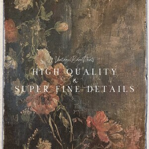 May include: A vintage-style painting of a floral bouquet with pink, red, and white flowers. The background is a textured, brown canvas with the text "Vintage Barn Prints HIGH QUALITY & SUPER FINE DETAILS".