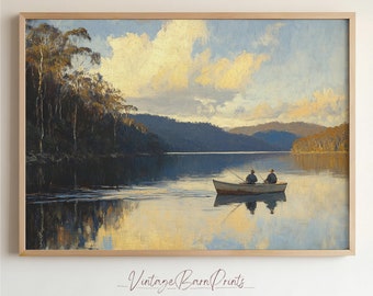 Vintage fiskarlandskapsmålning, fiskebåtssjötryck, båtliv på sjön, naturväggkonst, rustik heminredning, digital nedladdning, O15