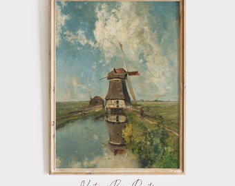 オランダの風車の風景画｜ヴィンテージオランダの田園風景油絵（印刷