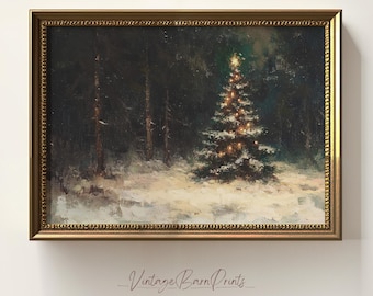 May include: A framed vintage painting depicts a snow-covered forest scene with a decorated Christmas tree. The tree is illuminated with warm lights and topped with a star. The artwork is set in a gold-colored ornate frame. The text "Vintage Barn Prints" is at the bottom.