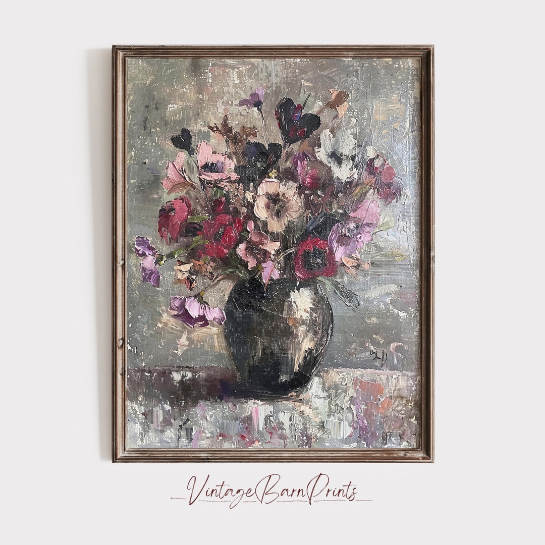 Vintage Moody Flower Print, Vintage Floral Still Life Oil Painting ...
