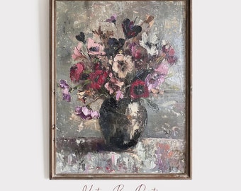 Vintage Moody Flower Print, Vintage Floral Still Life Oil Painting, French Farmhouse Decor Printable Digital Antique Art | M110