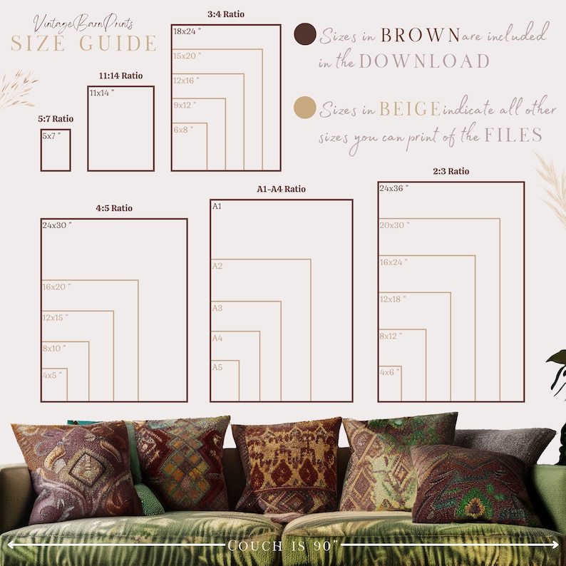 May include: A size guide for printable art prints with different aspect ratios and sizes. The guide includes sizes in brown, which are available for download, and sizes in beige, which are available for purchase. The guide includes sizes in inches.