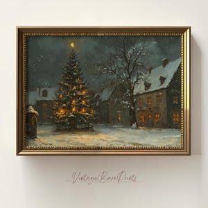 Vintage Christmas Tree Scene Winter Night Print, Festive Holiday Wall Art Decor, Cozy Winter Landscape Painting, Digital Download, O136
