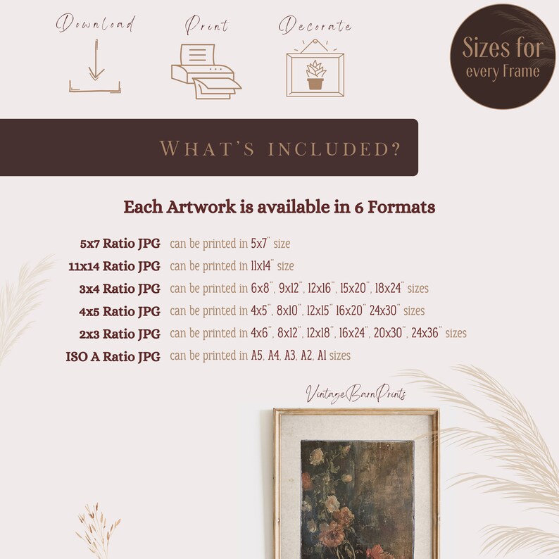 May include: A digital download of six different sizes of a vintage floral painting. The image shows a close-up of the painting, which features a variety of pink, red, and white flowers. The text "Vintage Barn Prints" is visible in the bottom right corner of the image.